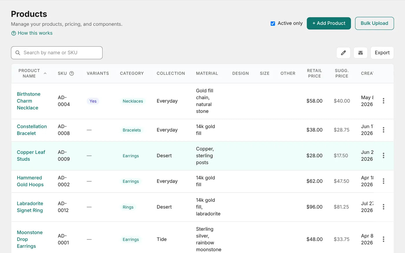 Every product with its price and suggested price