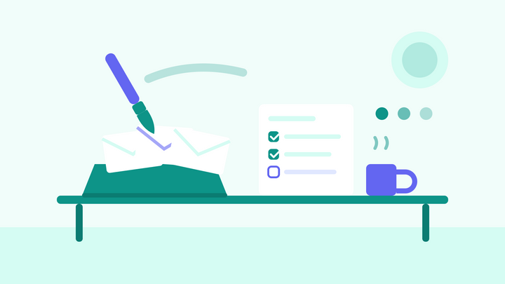 Illustration of a tidy desk with a tray of drafted envelopes, a checklist with two items done, a coffee mug, and a paintbrush