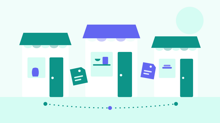 Illustration of three small shops with handmade pieces in their windows, connected by a dotted path with price tags floating between them