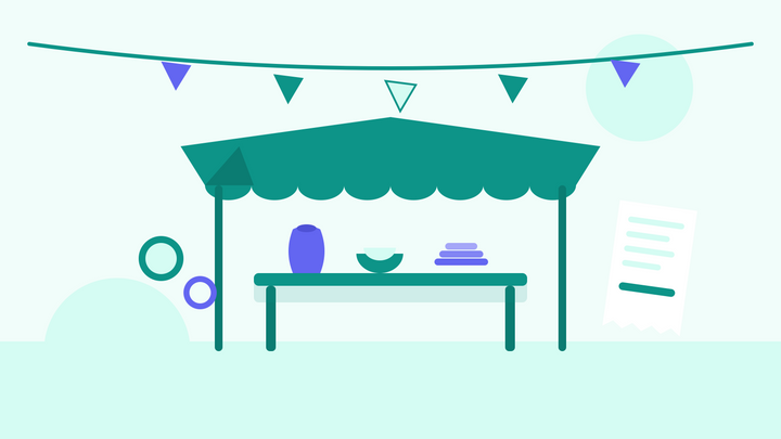 Illustration of a craft fair booth — a teal canopy over a table of handmade pieces, with a receipt and coins nearby