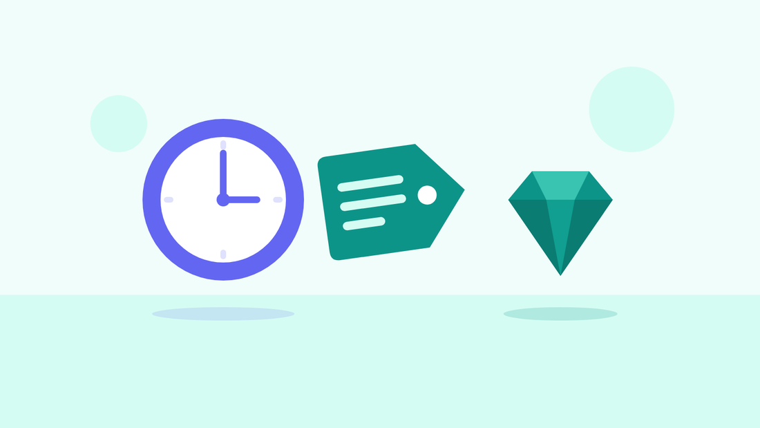 Illustration of a teal price tag beside a clock and a cut gemstone, on a soft mint background