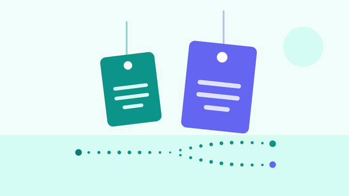 Illustration of two price tags side by side, a smaller teal one and a larger indigo one, above a path that forks two ways