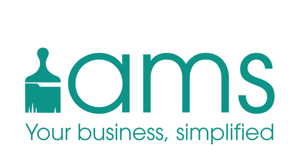 ams logo in teal — a paintbrush beside the lowercase letters ams, with the tagline Your business, simplified